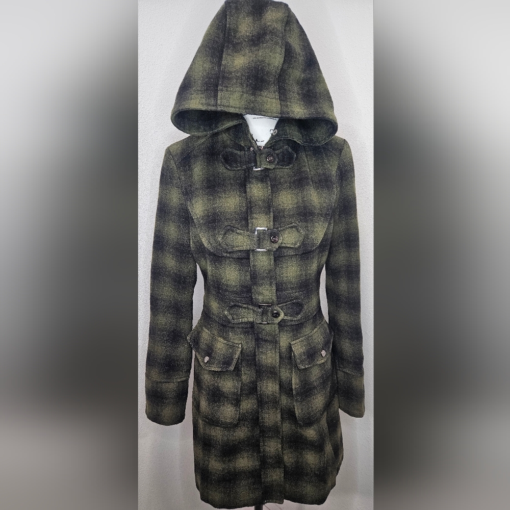 Steve Madden Hooded Plaid Wool Pea Coat Women's Small